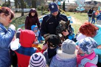Uśmiechnięty policjant trzyma opartego na jego rękach psa służbowego, którego otaczają dzieci wraz z opiekunami